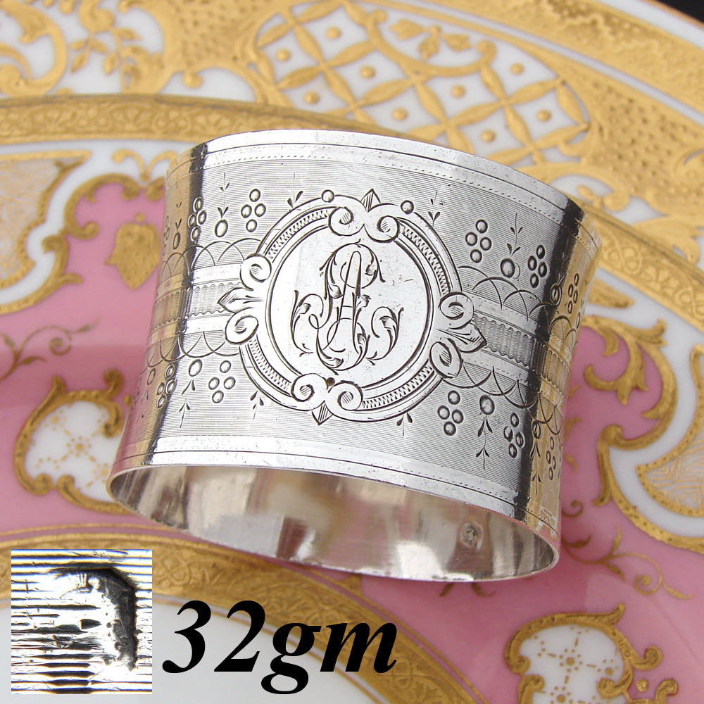 Antique French Sterling Silver Napkin Ring, Guilloche Style Decoration, LA Monogram