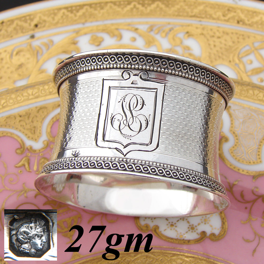 Antique French Sterling Silver Napkin Ring, Guilloche Style Decoration, LL Monogram