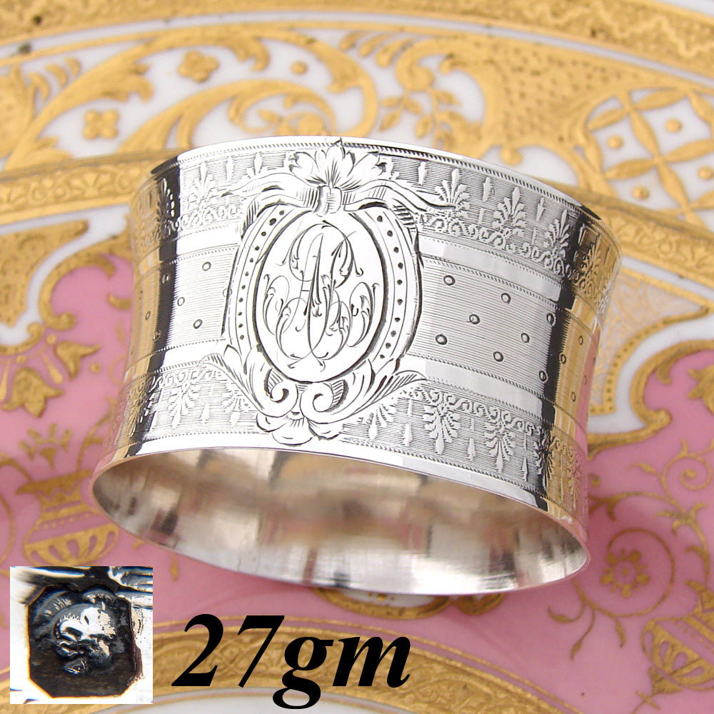 Antique French Sterling Silver Napkin Ring, Guilloche Style Decoration, CN Monogram