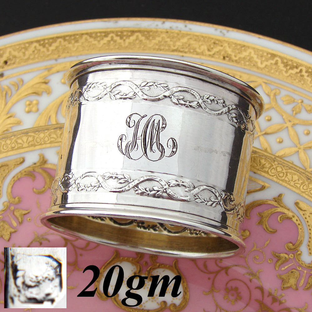 Antique French Sterling Silver Napkin Ring, Intertwined Ribbon & Garland Band Decoration