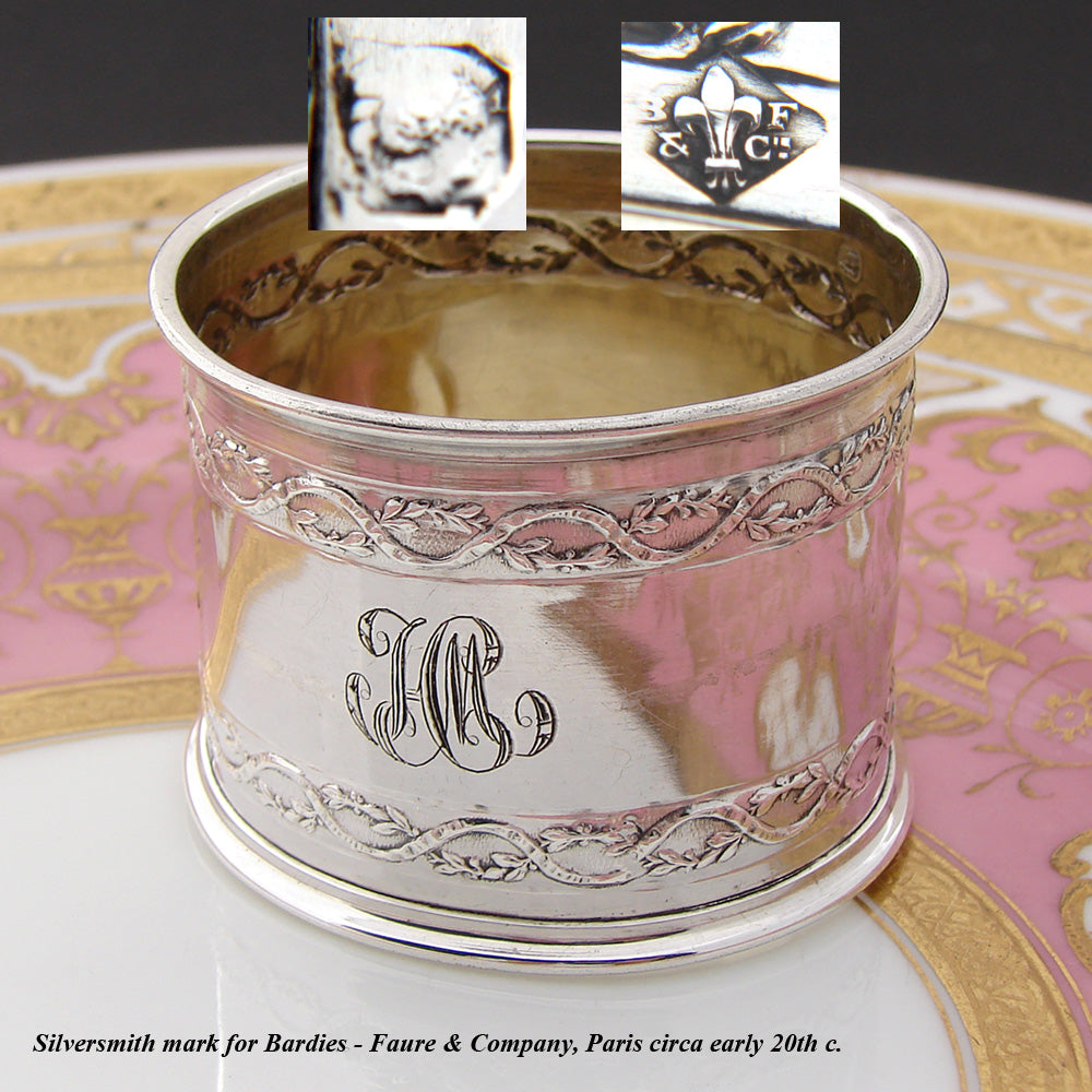 Antique French Sterling Silver Napkin Ring, Intertwined Ribbon & Garland Band Decoration