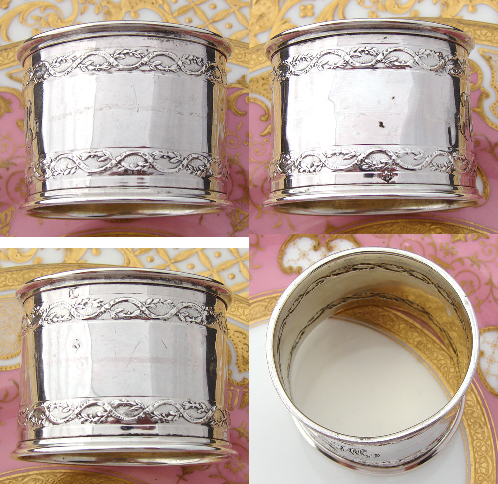 Antique French Sterling Silver Napkin Ring, Intertwined Ribbon & Garland Band Decoration