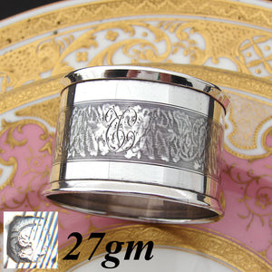 Antique French Sterling Silver Napkin Ring, Machined Band: Bell Flowers & Foliage