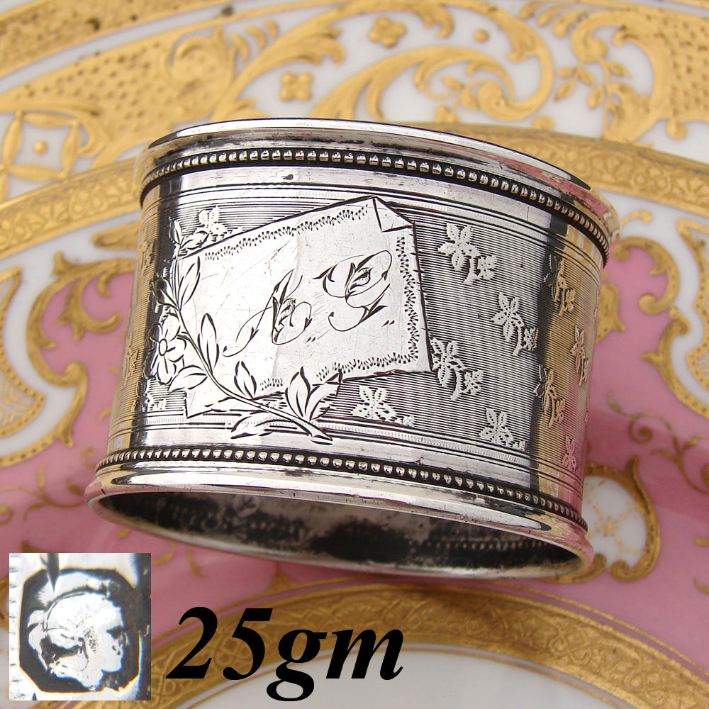 Gorgeous Antique French Sterling Silver Napkin Ring, Floral Decoration, "AG" Monogram