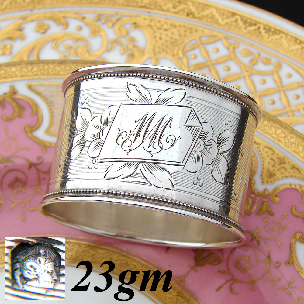 Antique French Sterling Silver Napkin Ring, Floral Decoration, "MM" Monogram