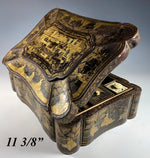 Antique c.1830s-50s Victorian Chinoise Laquered Papier Mache Sewing Box, Tools, Grand Tour Souvenir