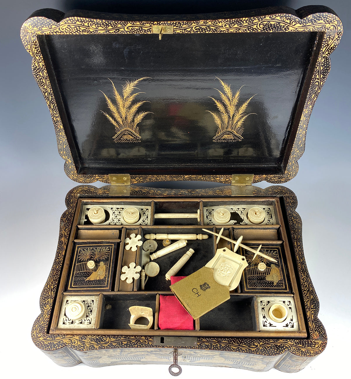 Antique c.1830s-50s Victorian Chinoise Laquered Papier Mache Sewing Box, Tools, Grand Tour Souvenir