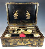 Antique c.1830s-50s Victorian Chinoise Laquered Papier Mache Sewing Box, Tools, Grand Tour Souvenir