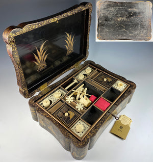 Antique c.1830s-50s Victorian Chinoise Laquered Papier Mache Sewing Box, Tools, Grand Tour Souvenir