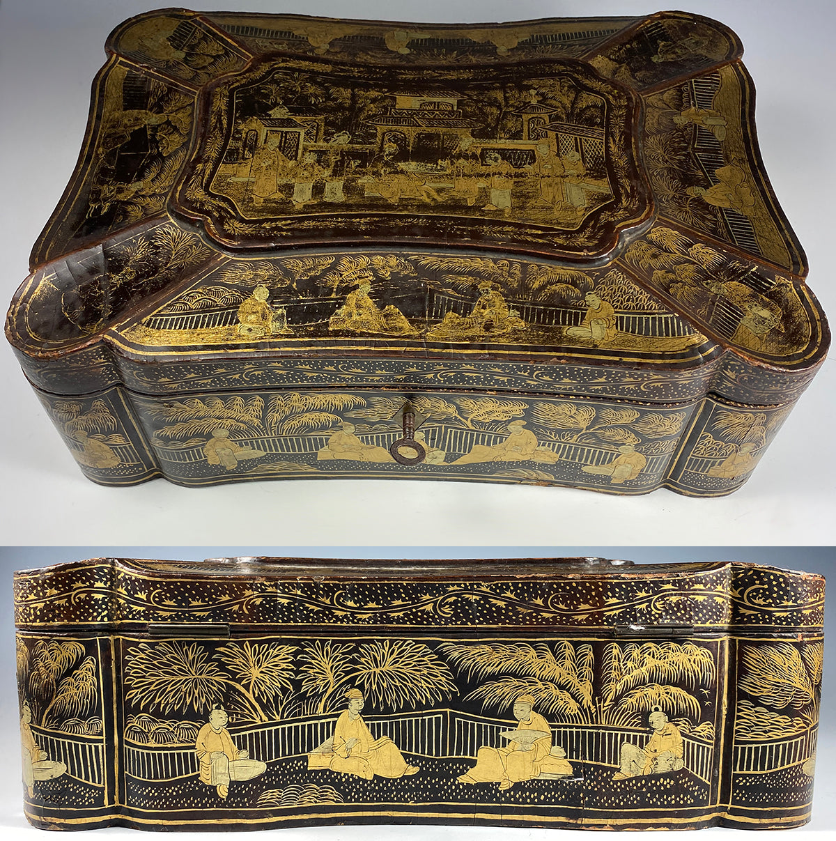 Antique c.1830s-50s Victorian Chinoise Laquered Papier Mache Sewing Box, Tools, Grand Tour Souvenir