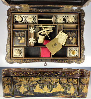 Antique c.1830s-50s Victorian Chinoise Laquered Papier Mache Sewing Box, Tools, Grand Tour Souvenir