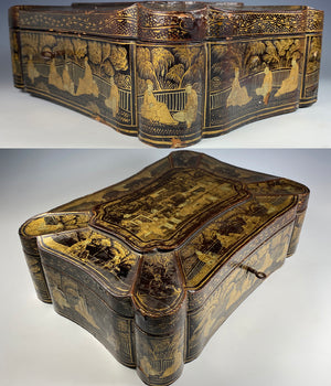 Antique c.1830s-50s Victorian Chinoise Laquered Papier Mache Sewing Box, Tools, Grand Tour Souvenir