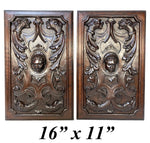 Antique Victorian Carved Walnut 16"x11" Furniture or Cabinet Door Panel PAIR, Mascaron & Serpents