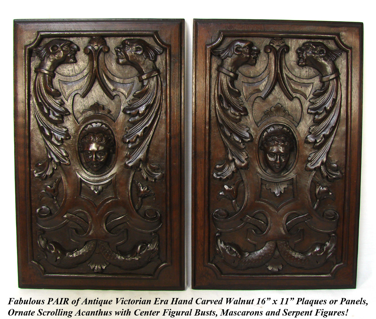 Antique Victorian Carved Walnut 16"x11" Furniture or Cabinet Door Panel PAIR, Mascaron & Serpents