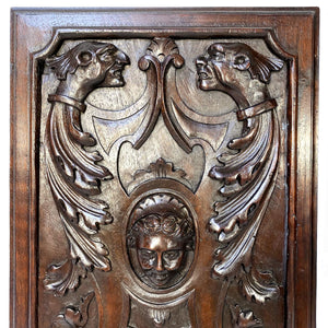 Antique Victorian Carved Walnut 16"x11" Furniture or Cabinet Door Panel PAIR, Mascaron & Serpents