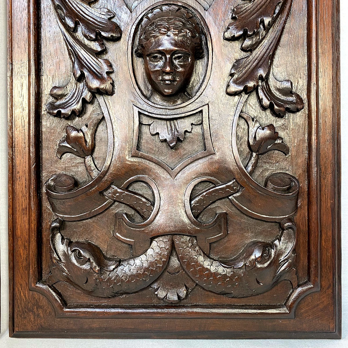 Antique Victorian Carved Walnut 16"x11" Furniture or Cabinet Door Panel PAIR, Mascaron & Serpents