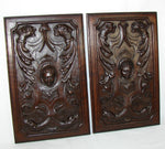 Antique Victorian Carved Walnut 16"x11" Furniture or Cabinet Door Panel PAIR, Mascaron & Serpents