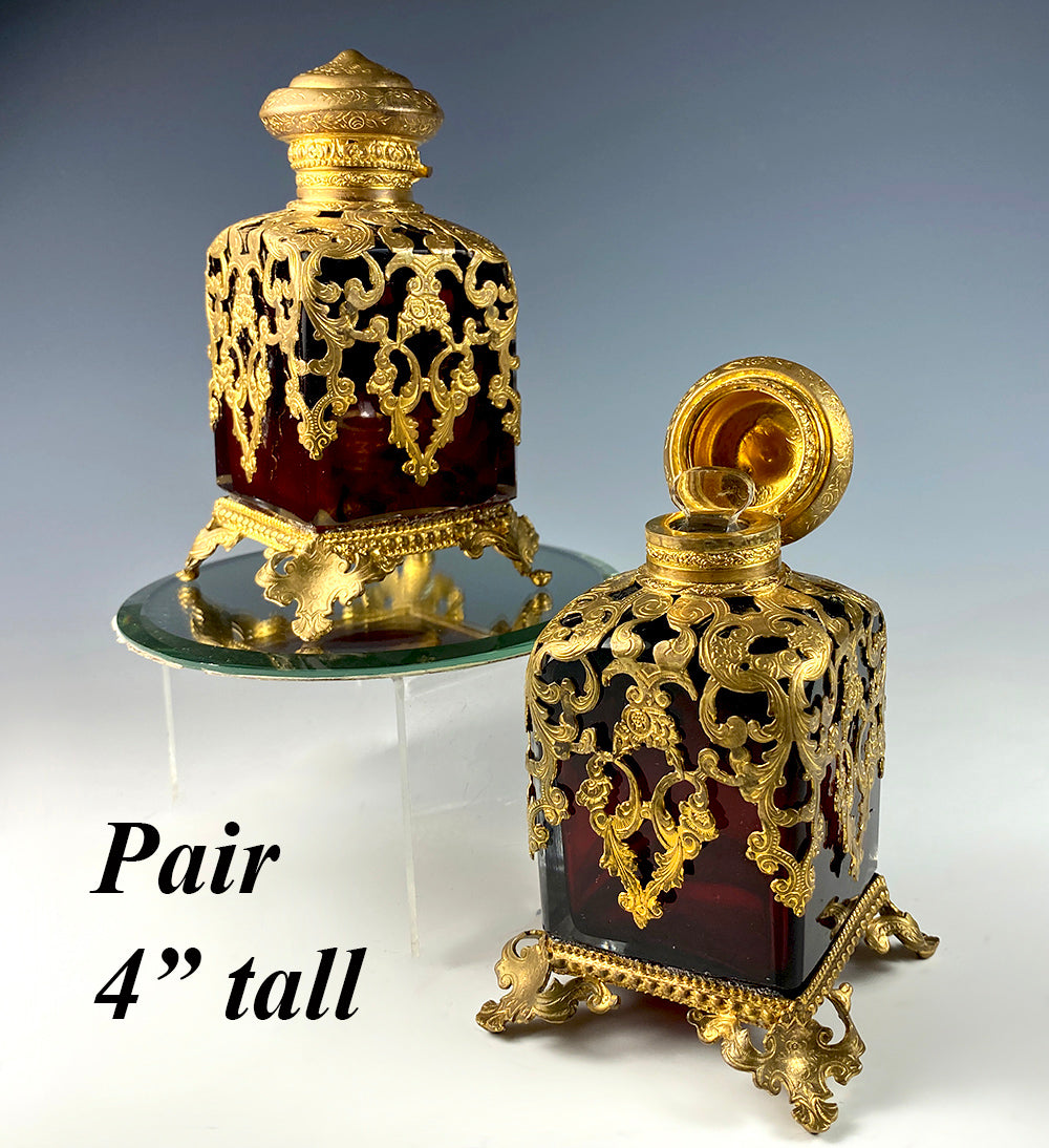 Antique c.1840-60 French Ruby Clear, Ormolu Shroud Perfume Scent Bottles, 4" Tall, Excellent