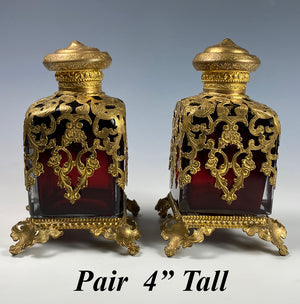 Antique c.1840-60 French Ruby Clear, Ormolu Shroud Perfume Scent Bottles, 4" Tall, Excellent