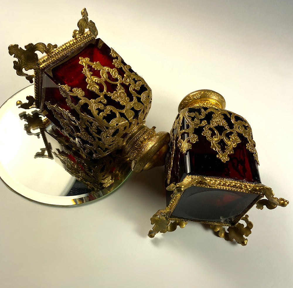 Antique c.1840-60 French Ruby Clear, Ormolu Shroud Perfume Scent Bottles, 4" Tall, Excellent