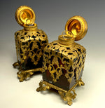 Antique c.1840-60 French Ruby Clear, Ormolu Shroud Perfume Scent Bottles, 4" Tall, Excellent