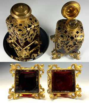 Antique c.1840-60 French Ruby Clear, Ormolu Shroud Perfume Scent Bottles, 4" Tall, Excellent