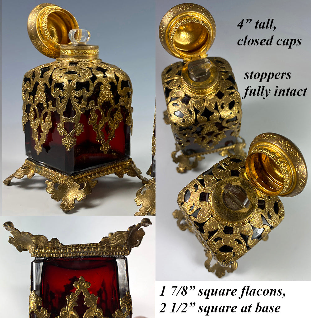 Antique c.1840-60 French Ruby Clear, Ormolu Shroud Perfume Scent Bottles, 4" Tall, Excellent