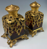 Antique c.1840-60 French Ruby Clear, Ormolu Shroud Perfume Scent Bottles, 4" Tall, Excellent