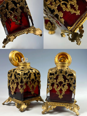 Antique c.1840-60 French Ruby Clear, Ormolu Shroud Perfume Scent Bottles, 4" Tall, Excellent