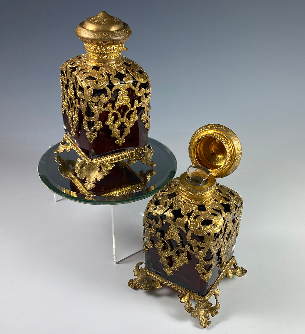 Antique c.1840-60 French Ruby Clear, Ormolu Shroud Perfume Scent Bottles, 4" Tall, Excellent