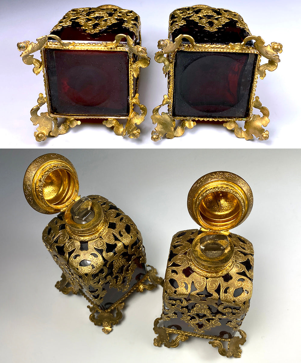 Antique c.1840-60 French Ruby Clear, Ormolu Shroud Perfume Scent Bottles, 4" Tall, Excellent