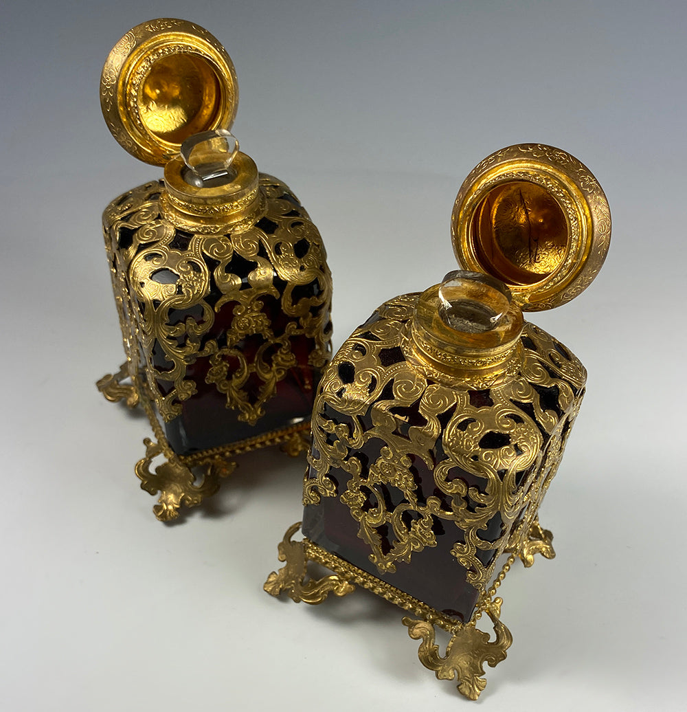 Antique c.1840-60 French Ruby Clear, Ormolu Shroud Perfume Scent Bottles, 4" Tall, Excellent