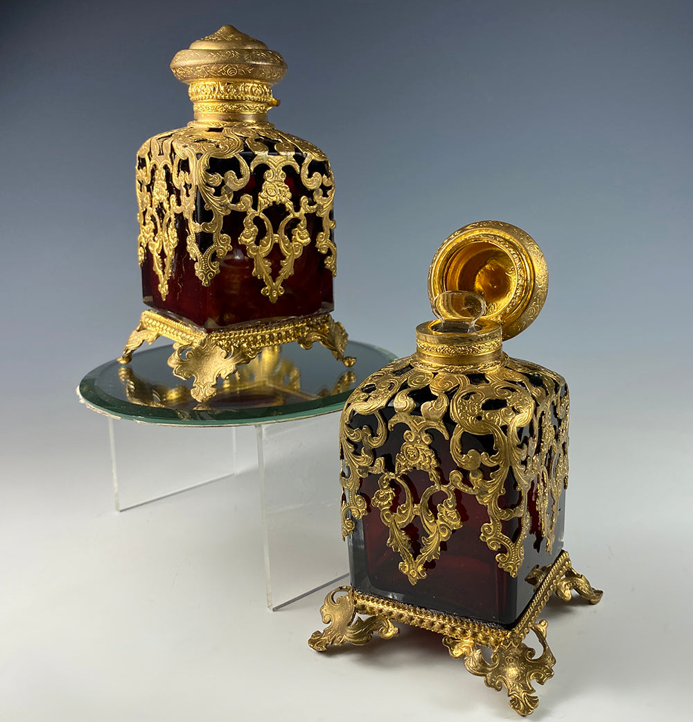 Antique c.1840-60 French Ruby Clear, Ormolu Shroud Perfume Scent Bottles, 4" Tall, Excellent