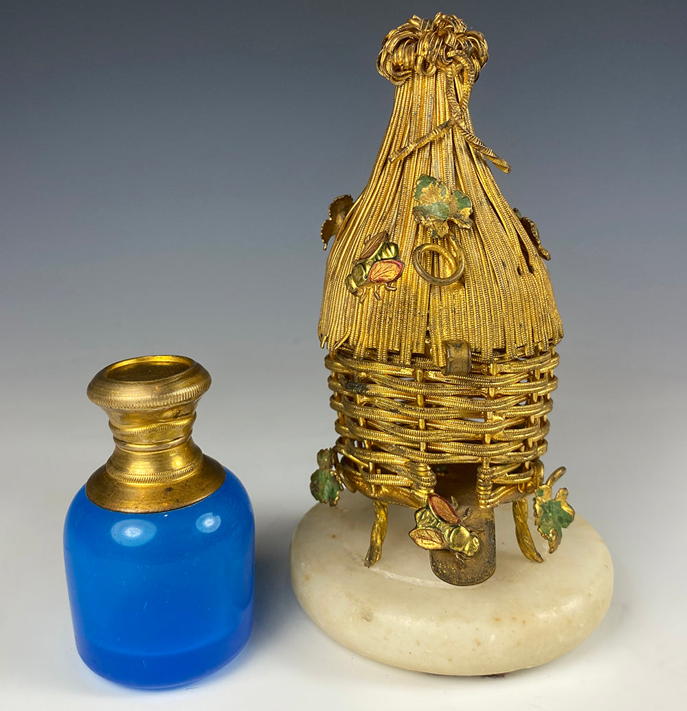 Rare antique French Palais Royal Thatched Hut Scent Caddy, Bees, Opaline Perfume Bottle c.1820-40