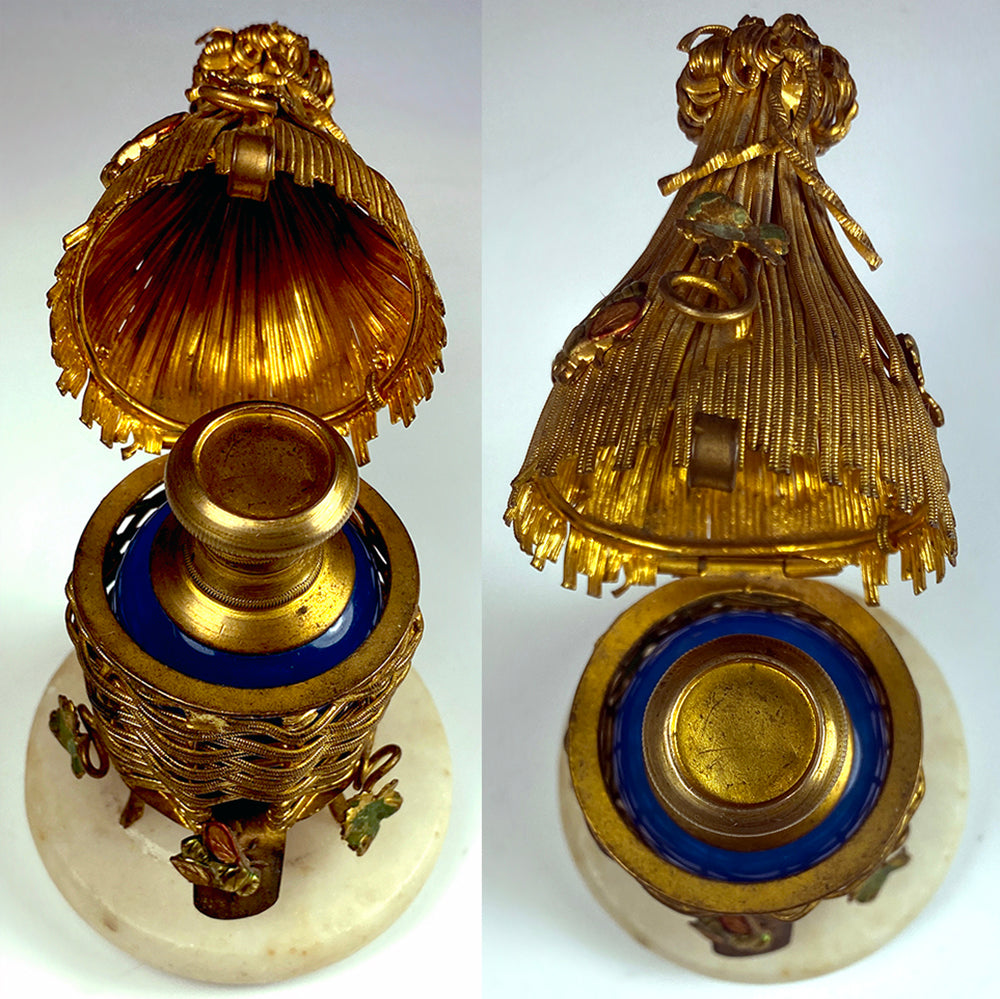 Rare antique French Palais Royal Thatched Hut Scent Caddy, Bees, Opaline Perfume Bottle c.1820-40