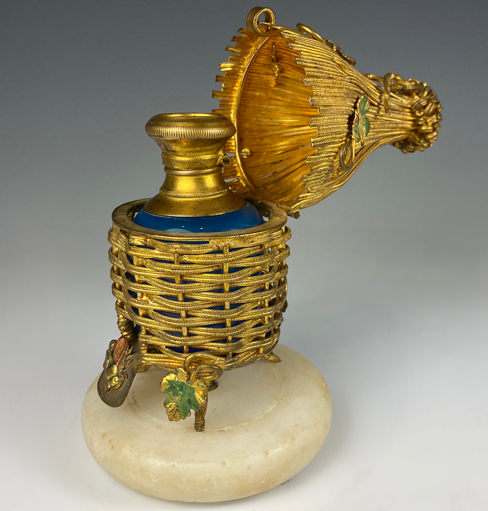 Rare antique French Palais Royal Thatched Hut Scent Caddy, Bees, Opaline Perfume Bottle c.1820-40