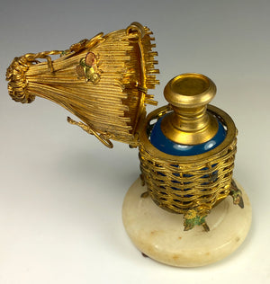 Rare antique French Palais Royal Thatched Hut Scent Caddy, Bees, Opaline Perfume Bottle c.1820-40