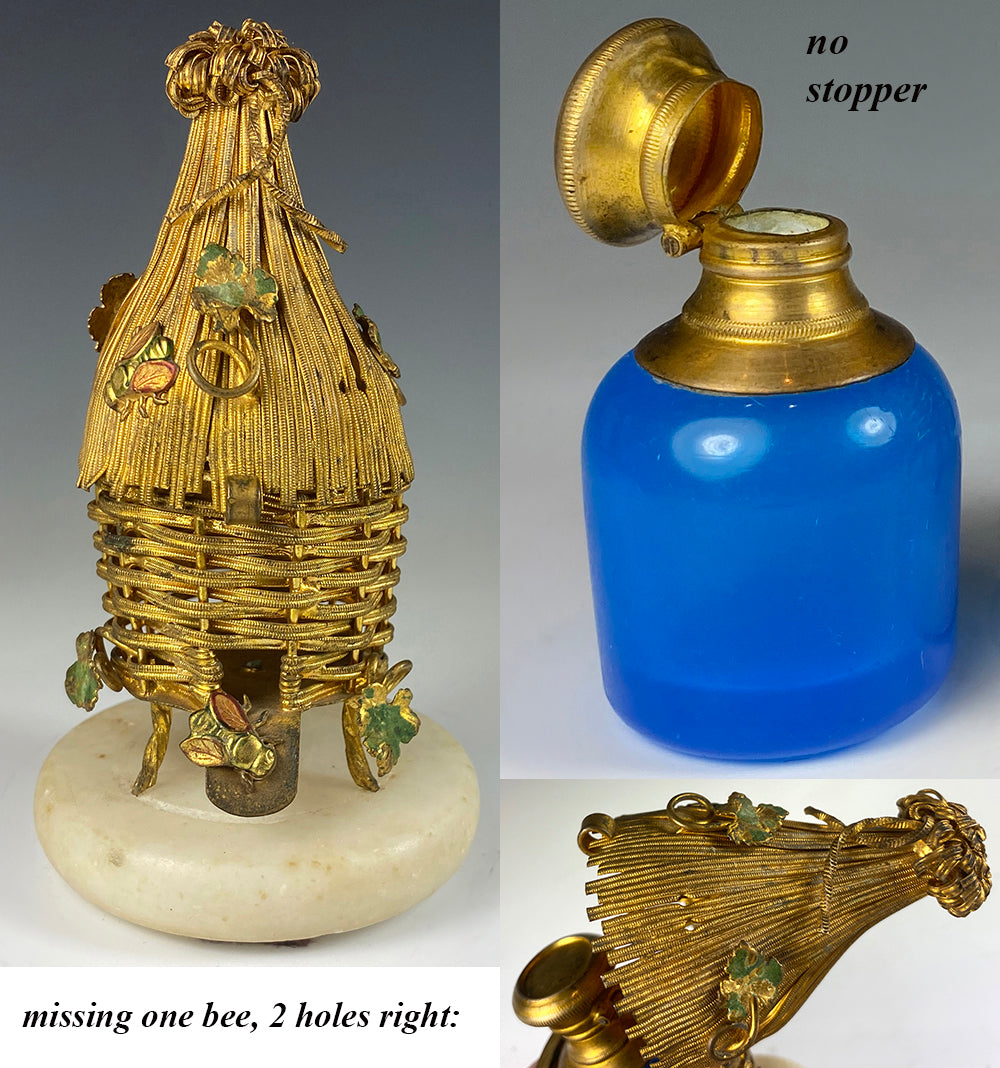 Rare antique French Palais Royal Thatched Hut Scent Caddy, Bees, Opaline Perfume Bottle c.1820-40