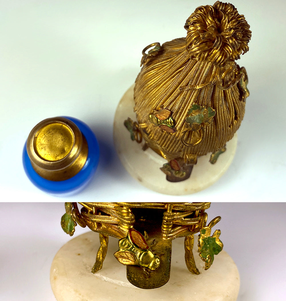 Rare antique French Palais Royal Thatched Hut Scent Caddy, Bees, Opaline Perfume Bottle c.1820-40