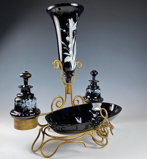 Antique French Art Glass Napoleon III Vanity Stand, Vase, 2 Perfume Bottle, Tray Set