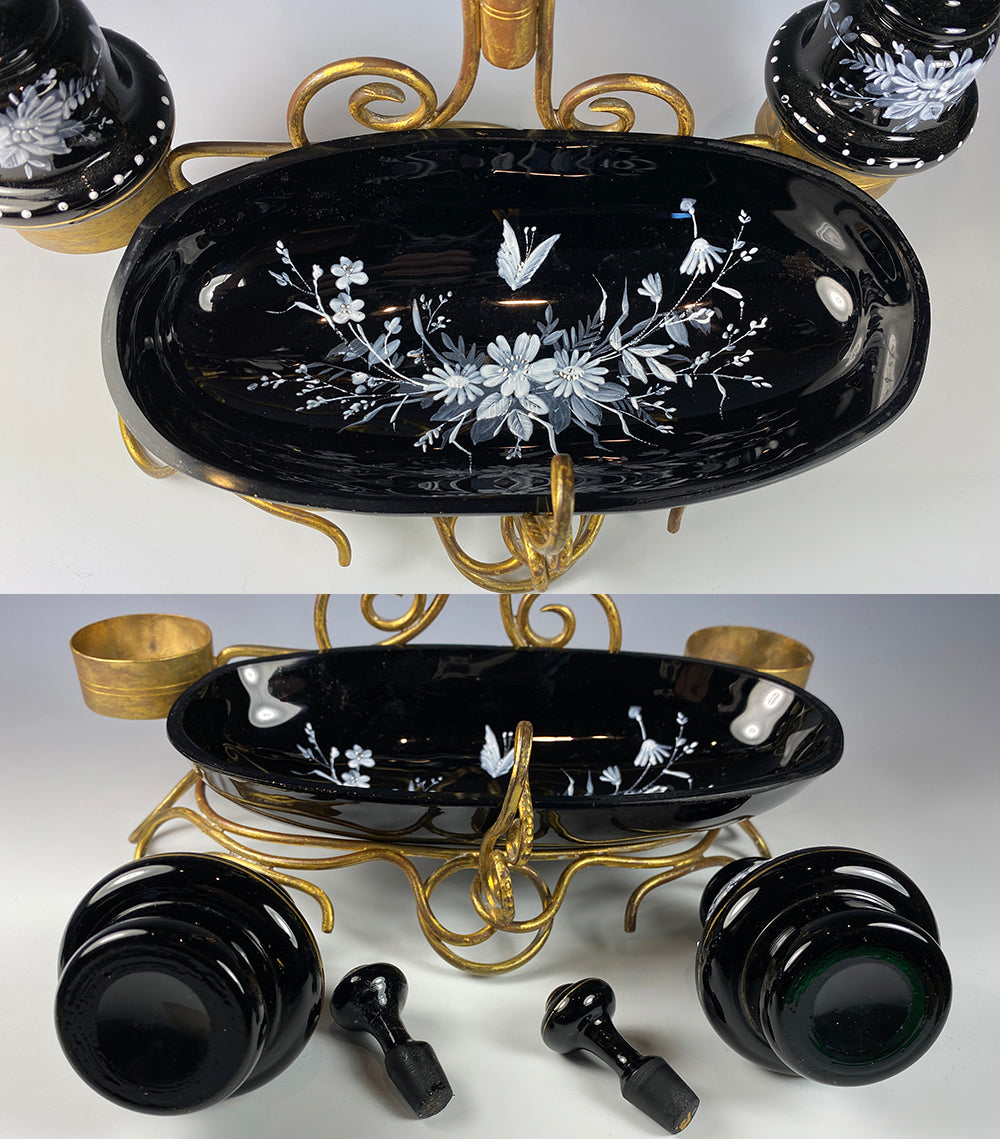 Antique Bohemian Art Glass Napoleon III Vanity Stand, Vase, 2 Perfume Bottle, Tray Set, Likely Harrach