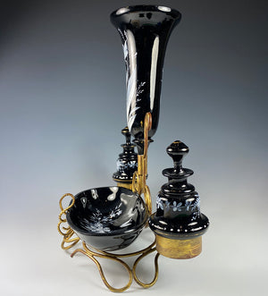 Antique French Art Glass Napoleon III Vanity Stand, Vase, 2 Perfume Bottle, Tray Set