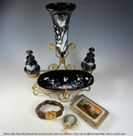Antique Bohemian Art Glass Napoleon III Vanity Stand, Vase, 2 Perfume Bottle, Tray Set, Likely Harrach