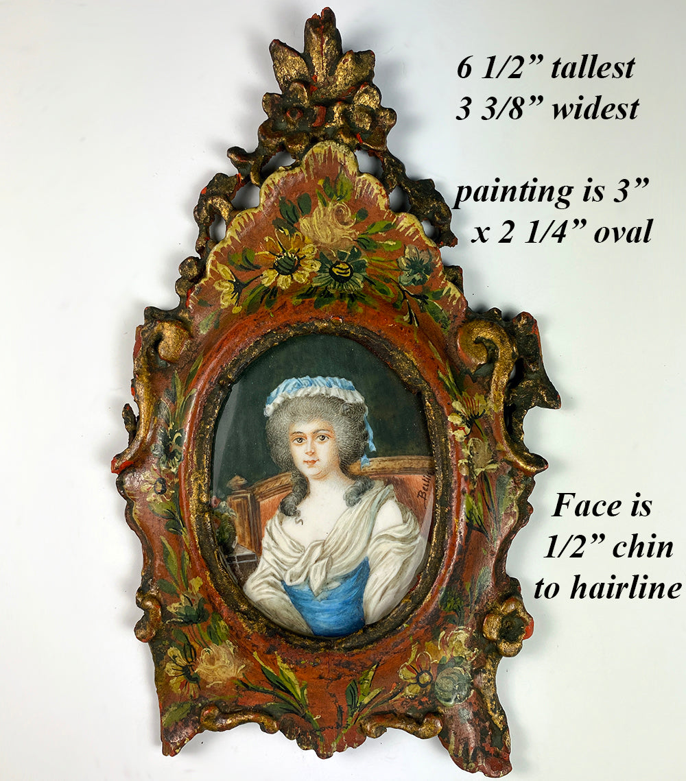 Antique c.1750s Portrait Miniature in Hand Carved and Oil Painted Frame, French or Austrian, Artist Signed