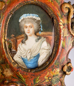 Antique c.1750s Portrait Miniature in Hand Carved and Oil Painted Frame, French or Austrian, Artist Signed