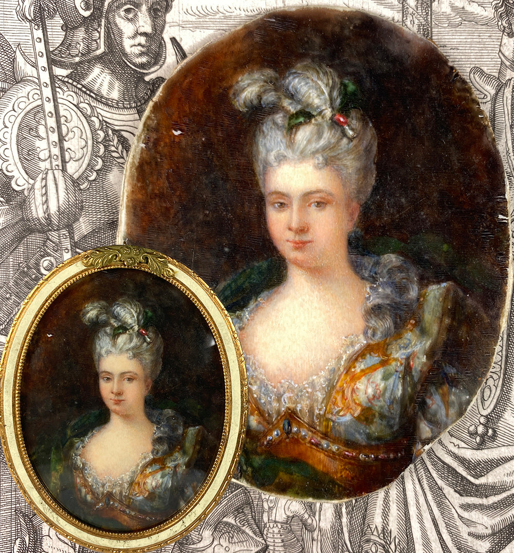 Antique French 19th Century HP Portrait Miniature, c.1860-1900 Fashion Gown, Woman, Enamel Frame