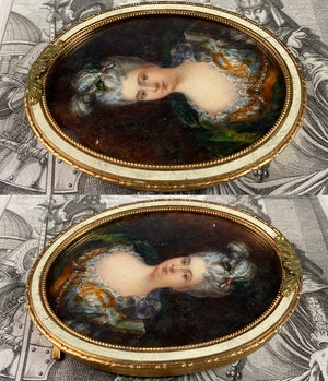 Antique French 19th Century HP Portrait Miniature, c.1860-1900 Fashion Gown, Woman, Enamel Frame