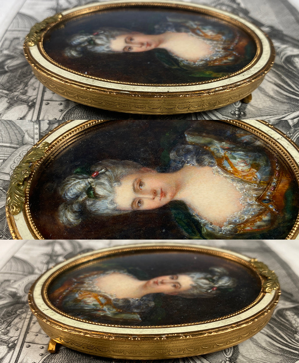 Antique French 19th Century HP Portrait Miniature, c.1860-1900 Fashion Gown, Woman, Enamel Frame