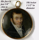 antique French Portrait Miniature in 18k Gold Pendant Mount Locket, Hair Art Back c.1830s