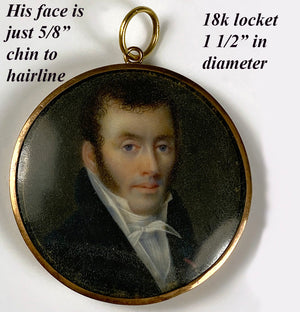 antique French Portrait Miniature in 18k Gold Pendant Mount Locket, Hair Art Back c.1830s